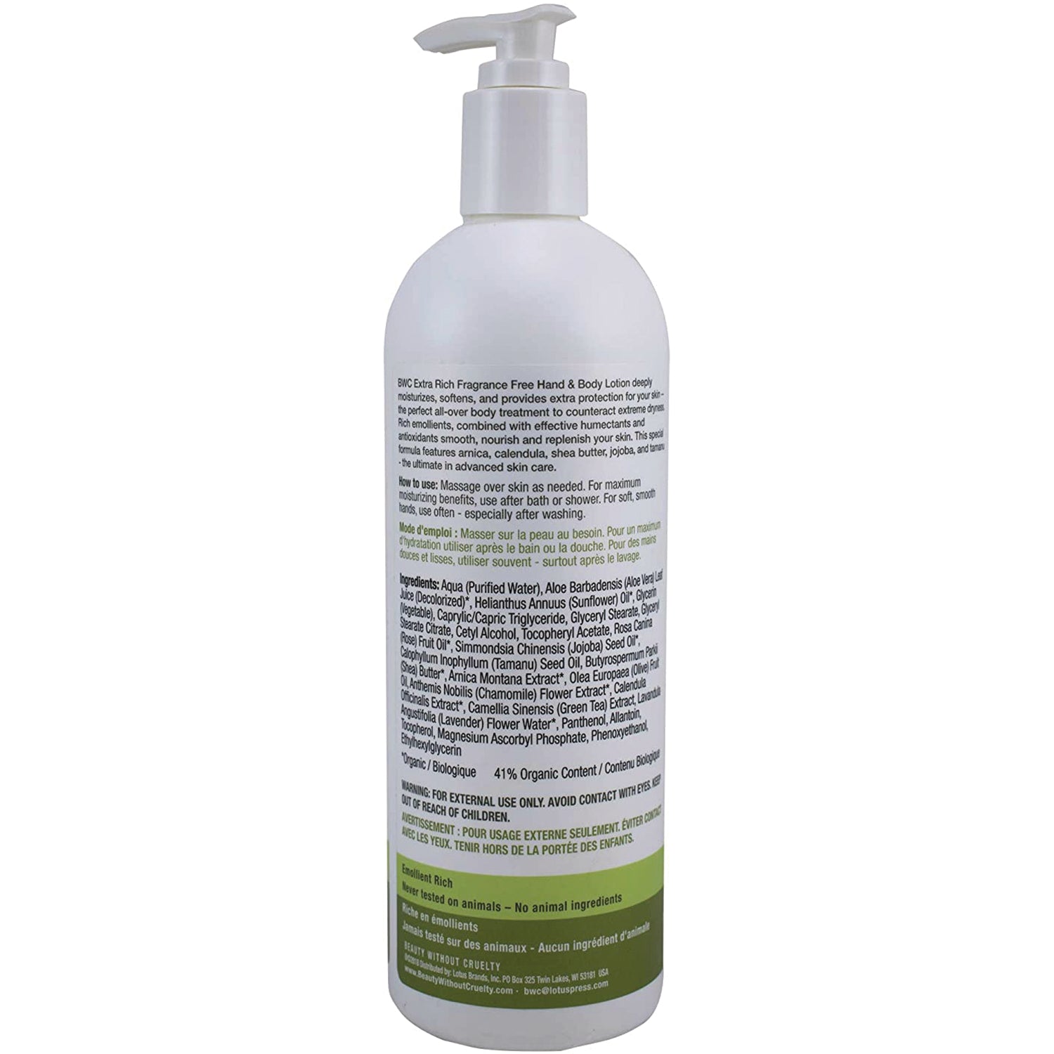 BWC112 | Back label showing ingredients, directions, and warnings on white pump lotion bottle