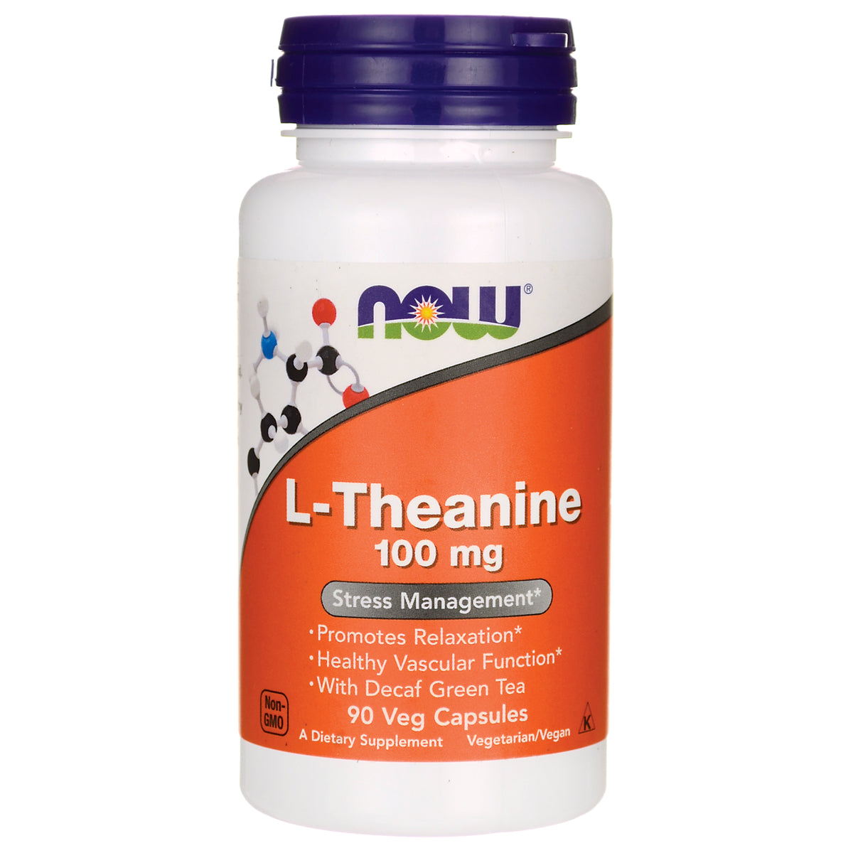 NWF766 | NOW L-Theanine 100 mg supplement bottle with orange label, 90 veg capsules