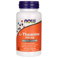 NWF766 | NOW L-Theanine 100 mg supplement bottle with orange label, 90 veg capsules