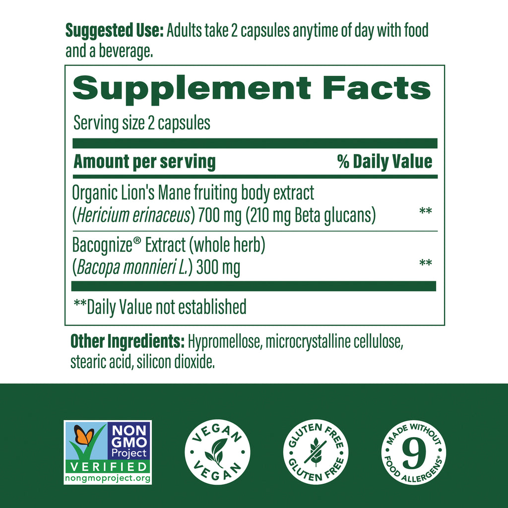 MGF137 | supplement facts label showing serving size 2 capsules, Organic Lion's Mane 700 mg, Bacognize 300 mg, other ingredients listed - Thumbnail