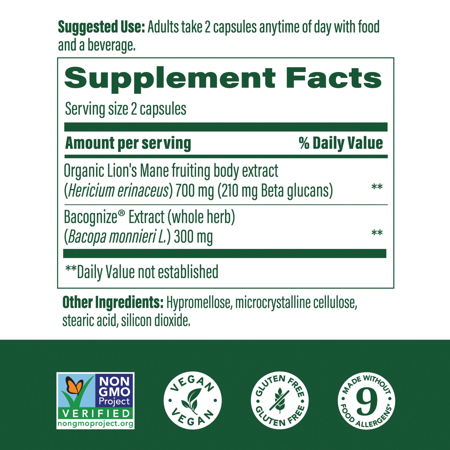 MGF137 | supplement facts label showing serving size 2 capsules, Organic Lion's Mane 700 mg, Bacognize 300 mg, other ingredients listed