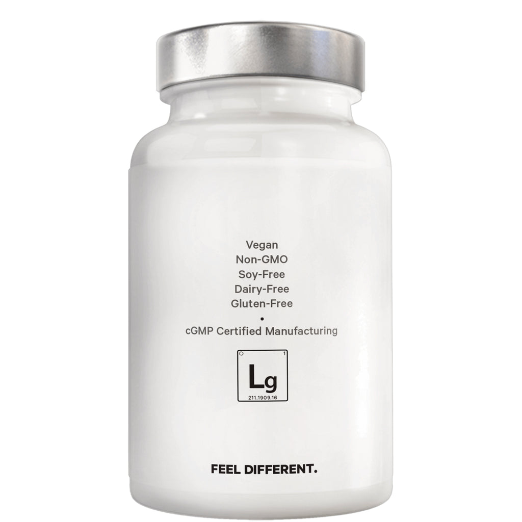 CDG006 | Back of white supplement bottle showing labels Vegan Non-GMO Soy-Free Dairy-Free Gluten-Free and FEEL DIFFERENT - Thumbnail
