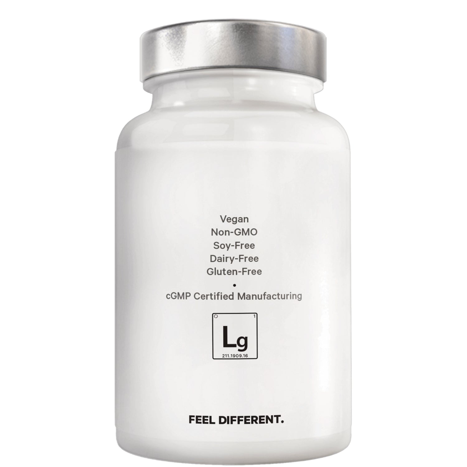 CDG006 | Back of white supplement bottle showing labels Vegan Non-GMO Soy-Free Dairy-Free Gluten-Free and FEEL DIFFERENT