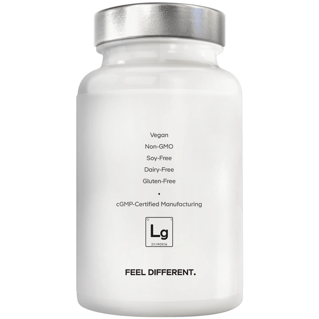 CDG006 | Back of white supplement bottle showing labels Vegan Non-GMO Soy-Free Dairy-Free Gluten-Free and FEEL DIFFERENT - Thumbnail