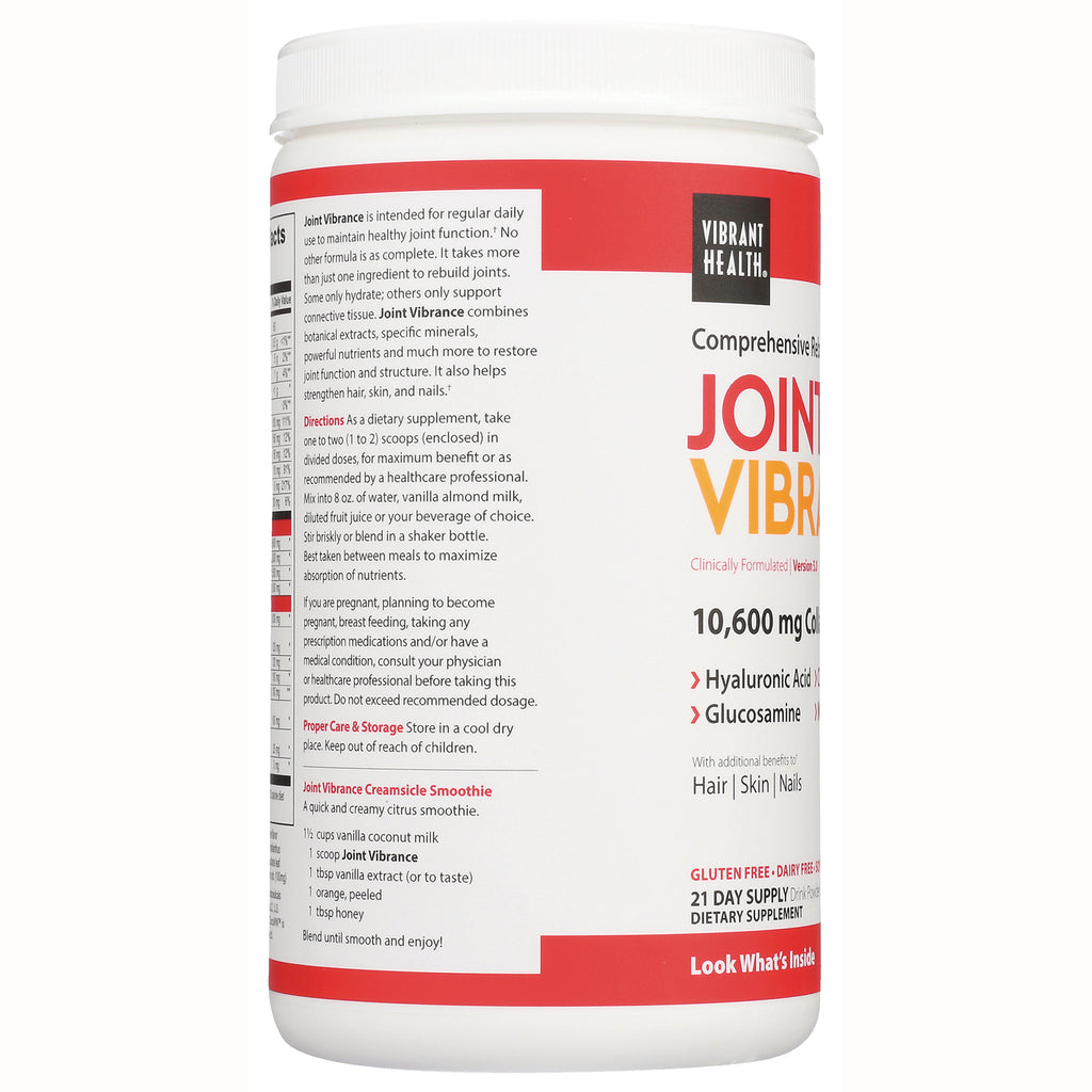VH009 | Joint Vibrance supplement side panel with directions and callouts: Hyaluronic Acid, Glucosamine - Thumbnail