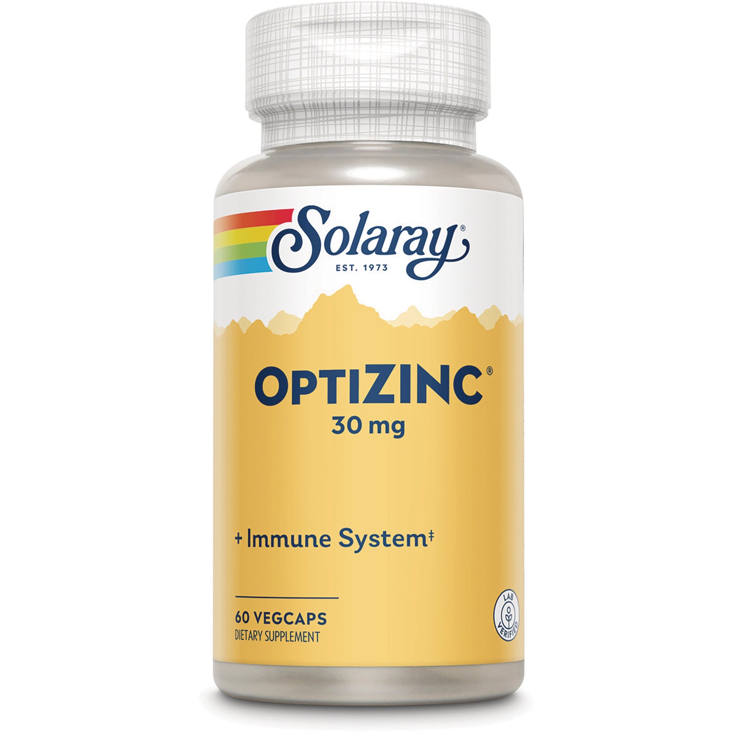 Solaray OPTIZINC 30 mg supplement bottle front, 60 vegcaps labeled Immune System