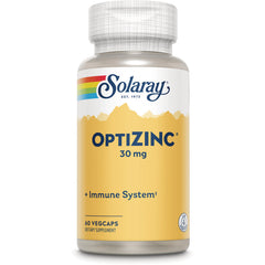 Solaray OPTIZINC 30 mg supplement bottle front, 60 vegcaps labeled Immune System