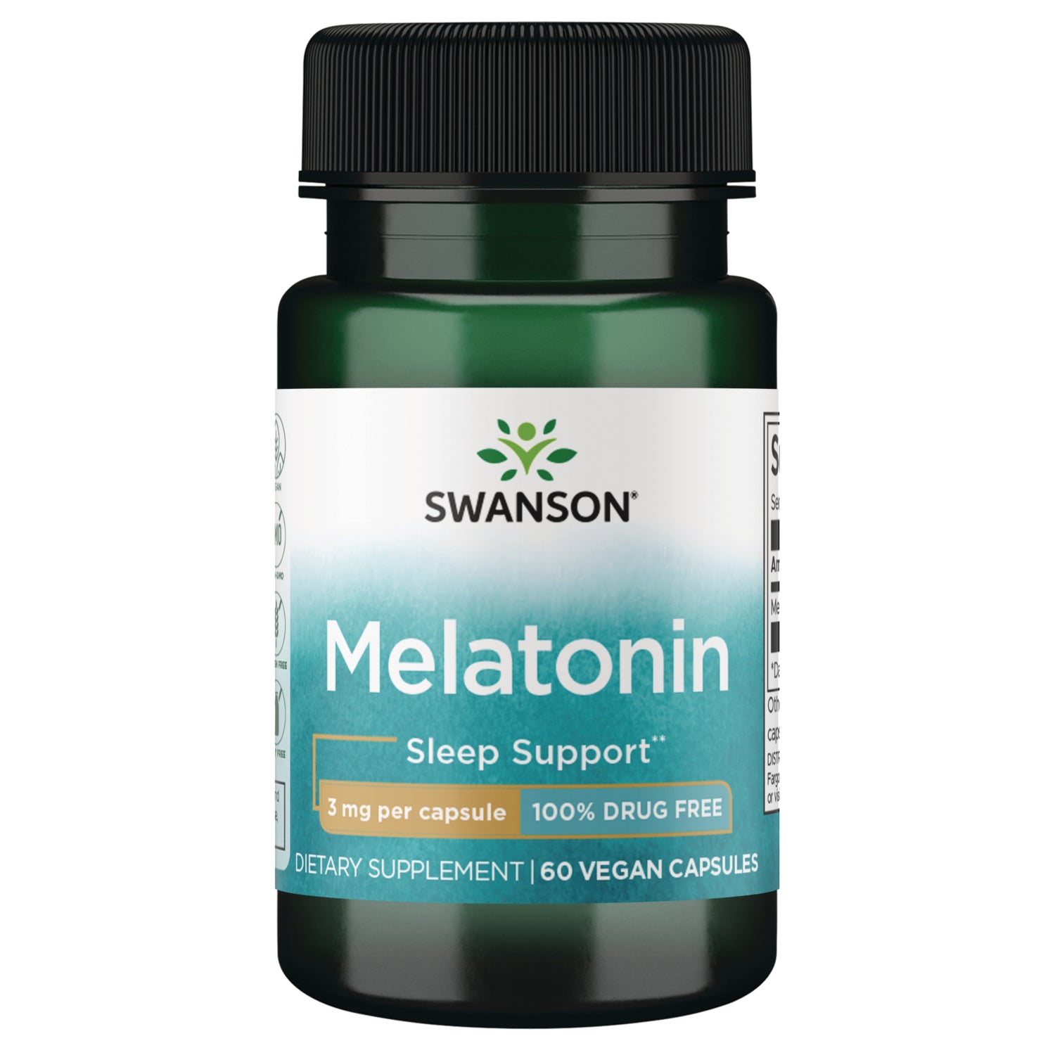 SW498 | Swanson Melatonin 3 mg per capsule bottle, 60 vegan capsules, front label view