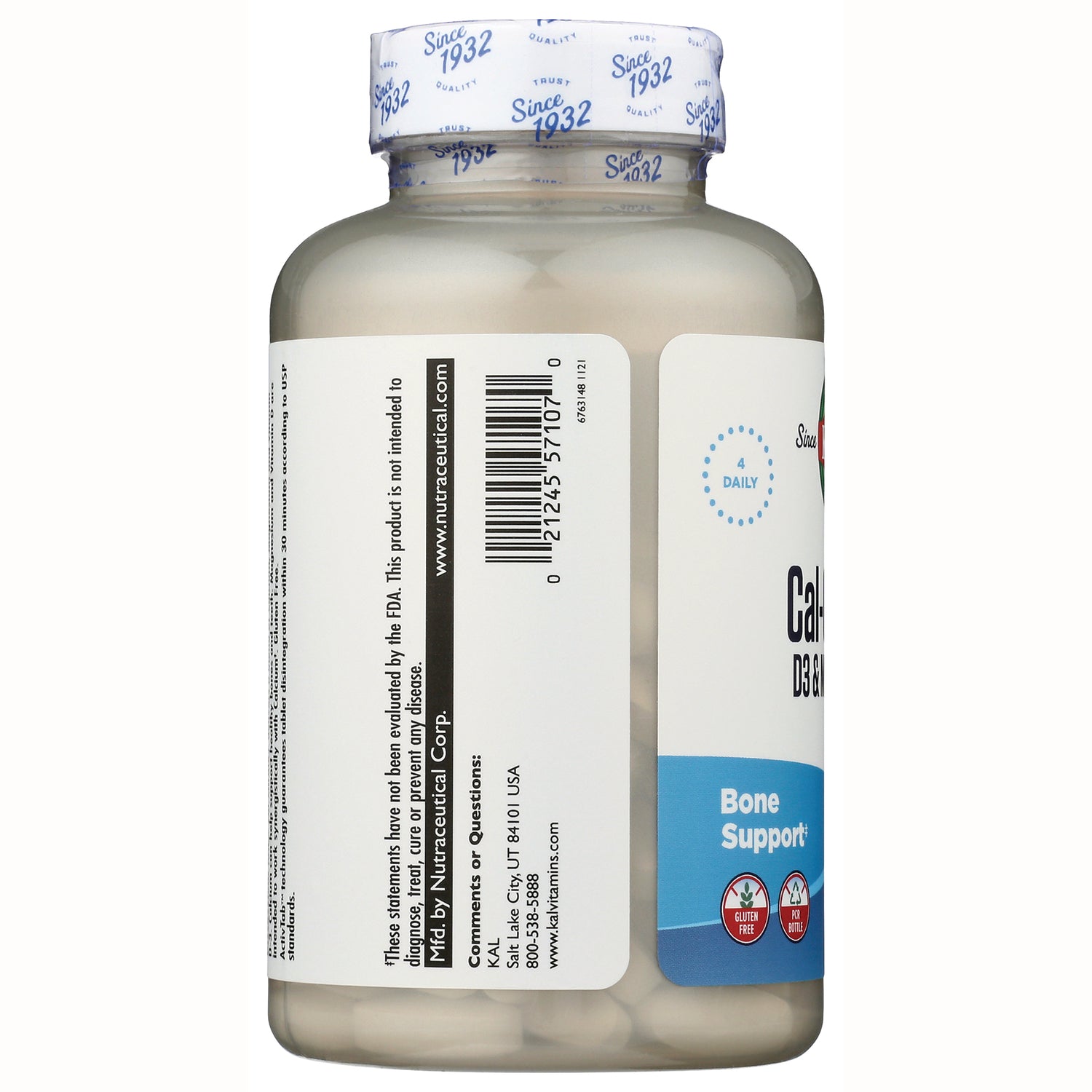 Supplement bottle back showing barcode and ingredients panel, cap labeled Since 1932, visible Bone Support label and tablets inside