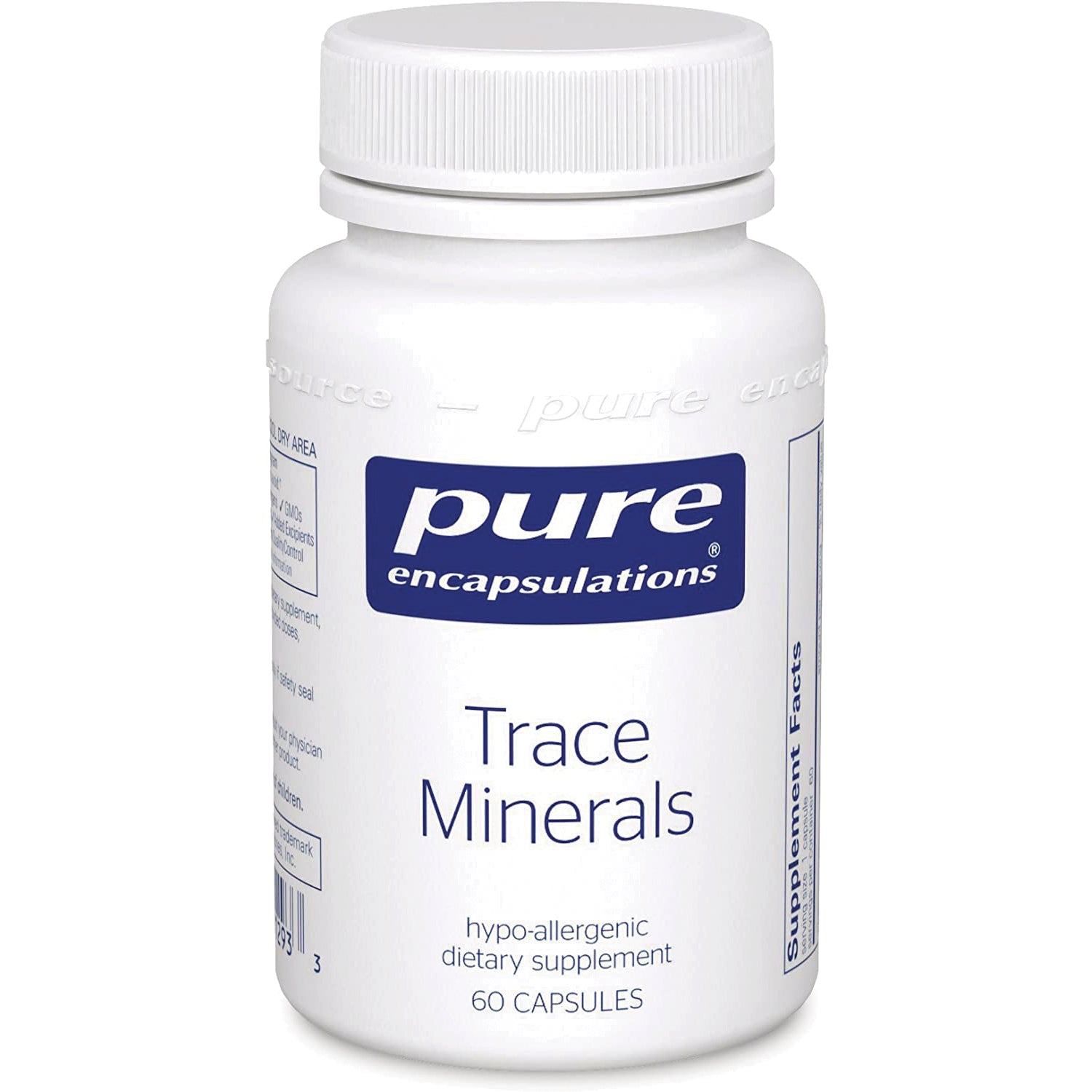 PRN127 | White bottle of Pure Encapsulations Trace Minerals dietary supplement, 60 capsules front label