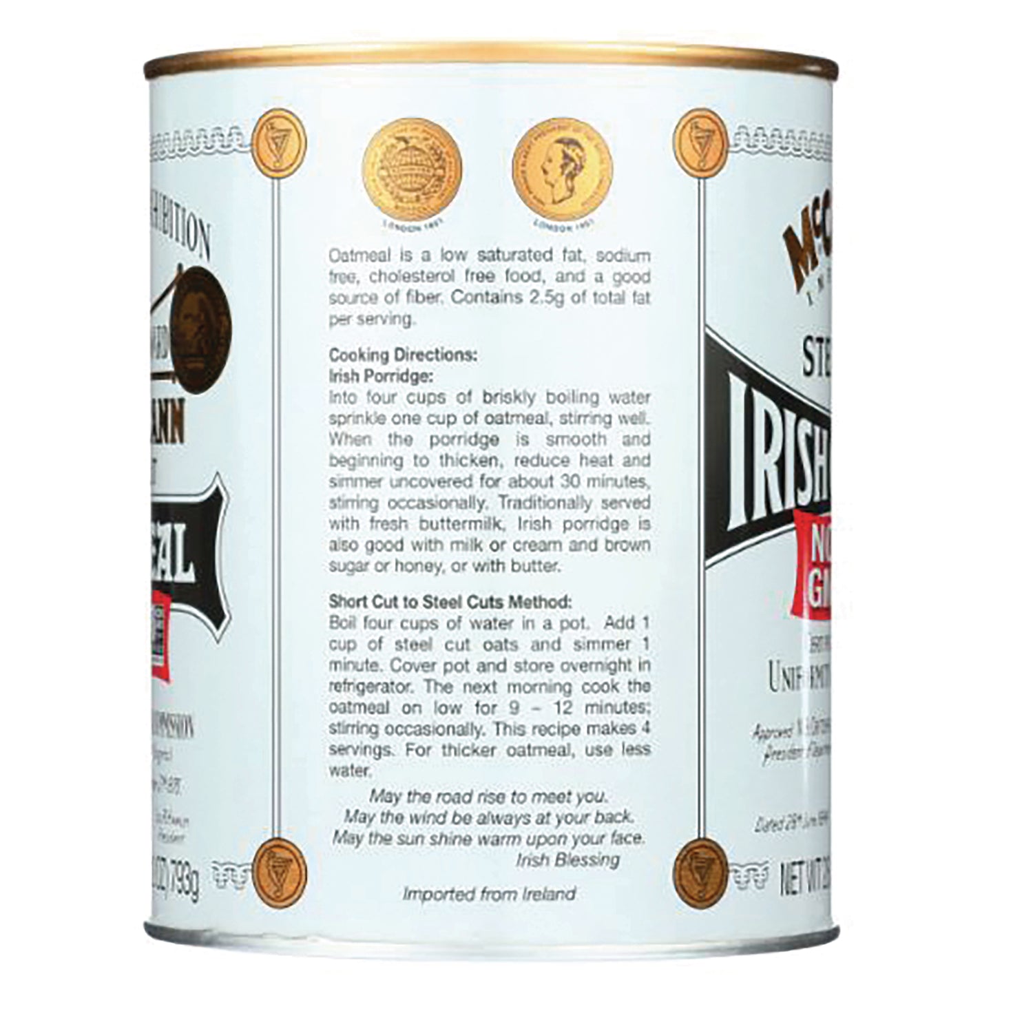 MCA001 | back label of oatmeal can showing cooking directions, ingredients and an Irish blessing