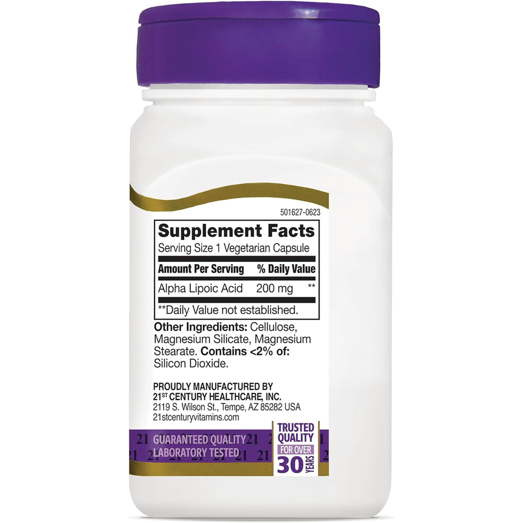 CNT286 | back label of white supplement bottle showing Supplement Facts with Alpha Lipoic Acid 200 mg and other ingredients - Thumbnail