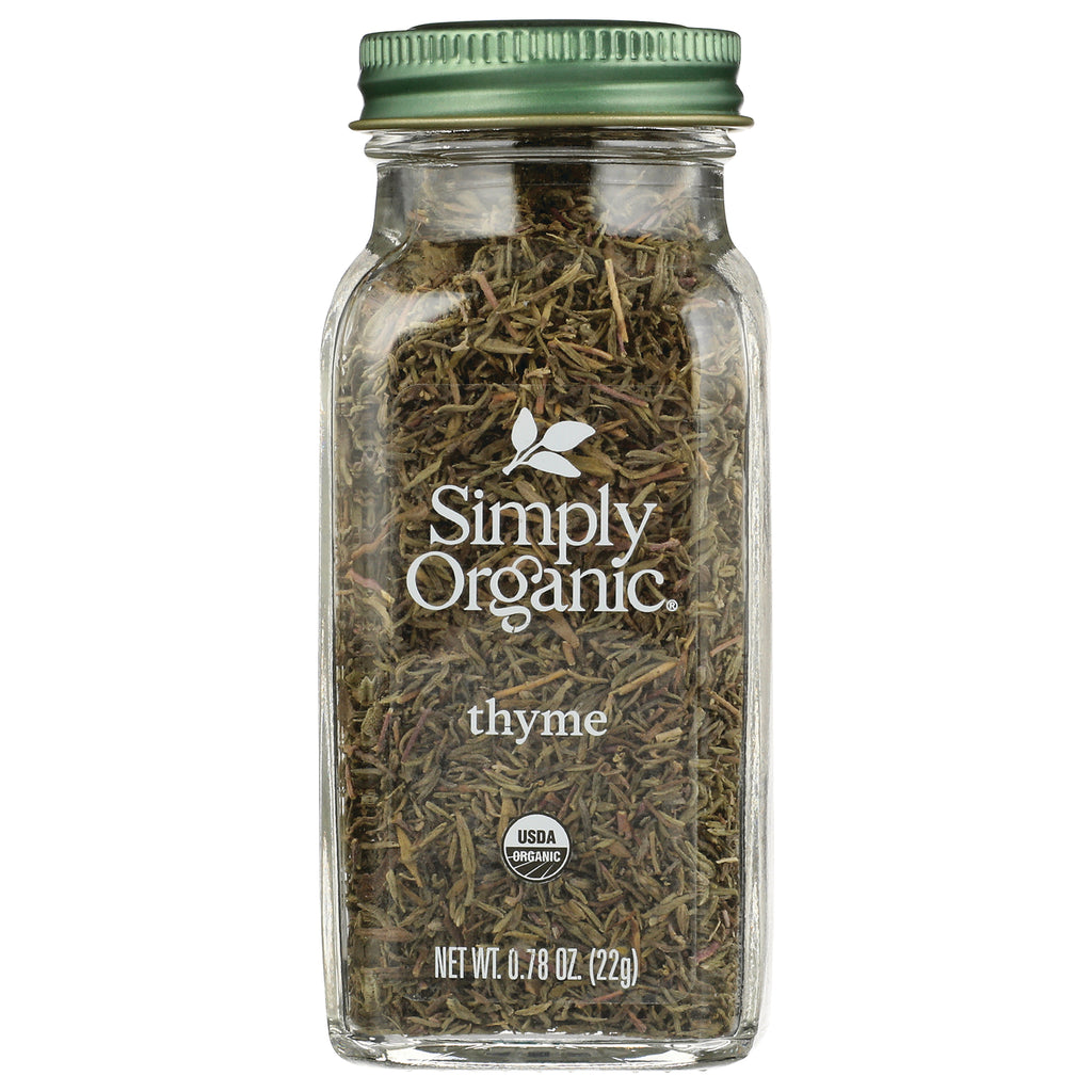 Glass jar of Simply Organic thyme with green lid showing dried thyme - Thumbnail