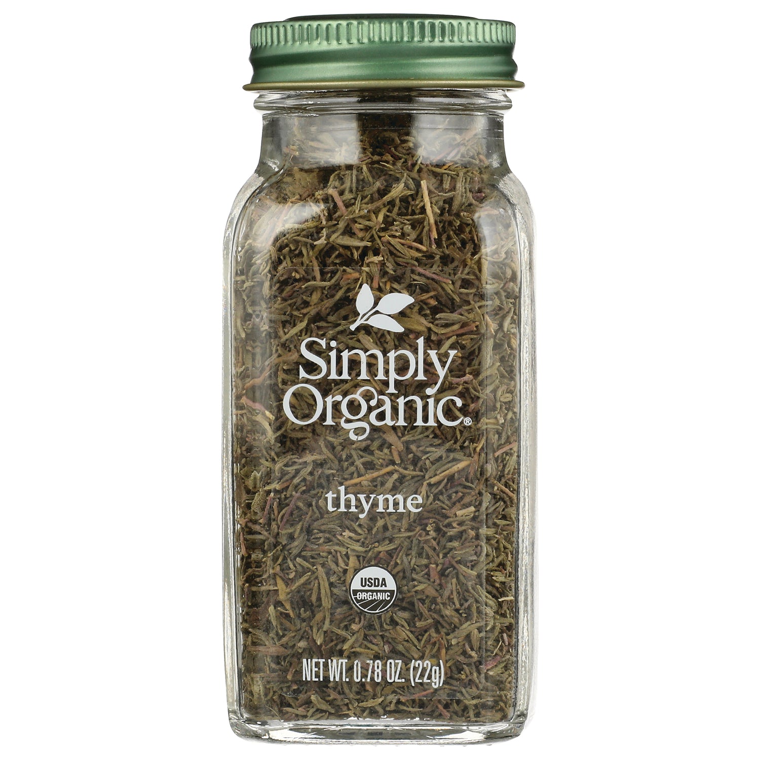 Glass jar of Simply Organic thyme with green lid showing dried thyme