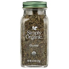 Glass jar of Simply Organic thyme with green lid showing dried thyme