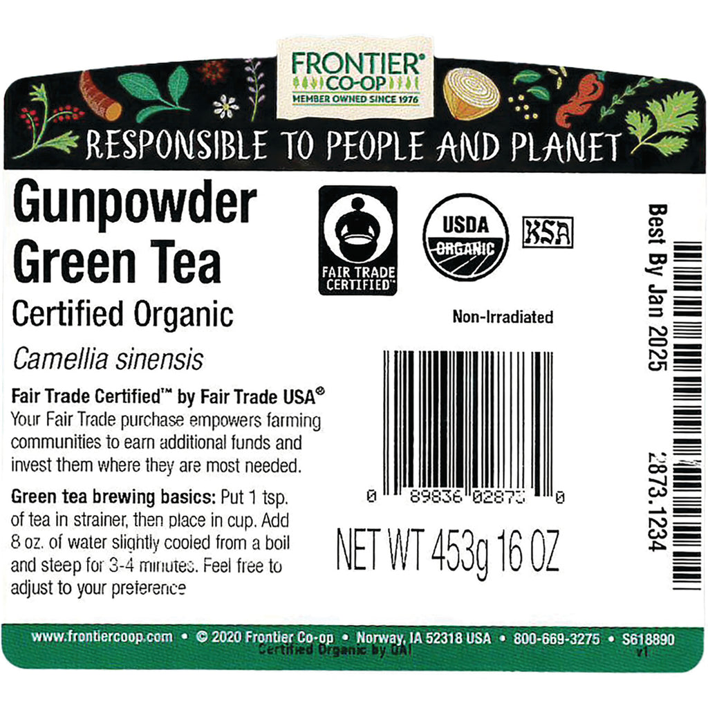 FNP031 | Back label for Frontier Gunpowder Green Tea showing certifications, brewing instructions, barcode and NET WT 453g 16 OZ - Thumbnail