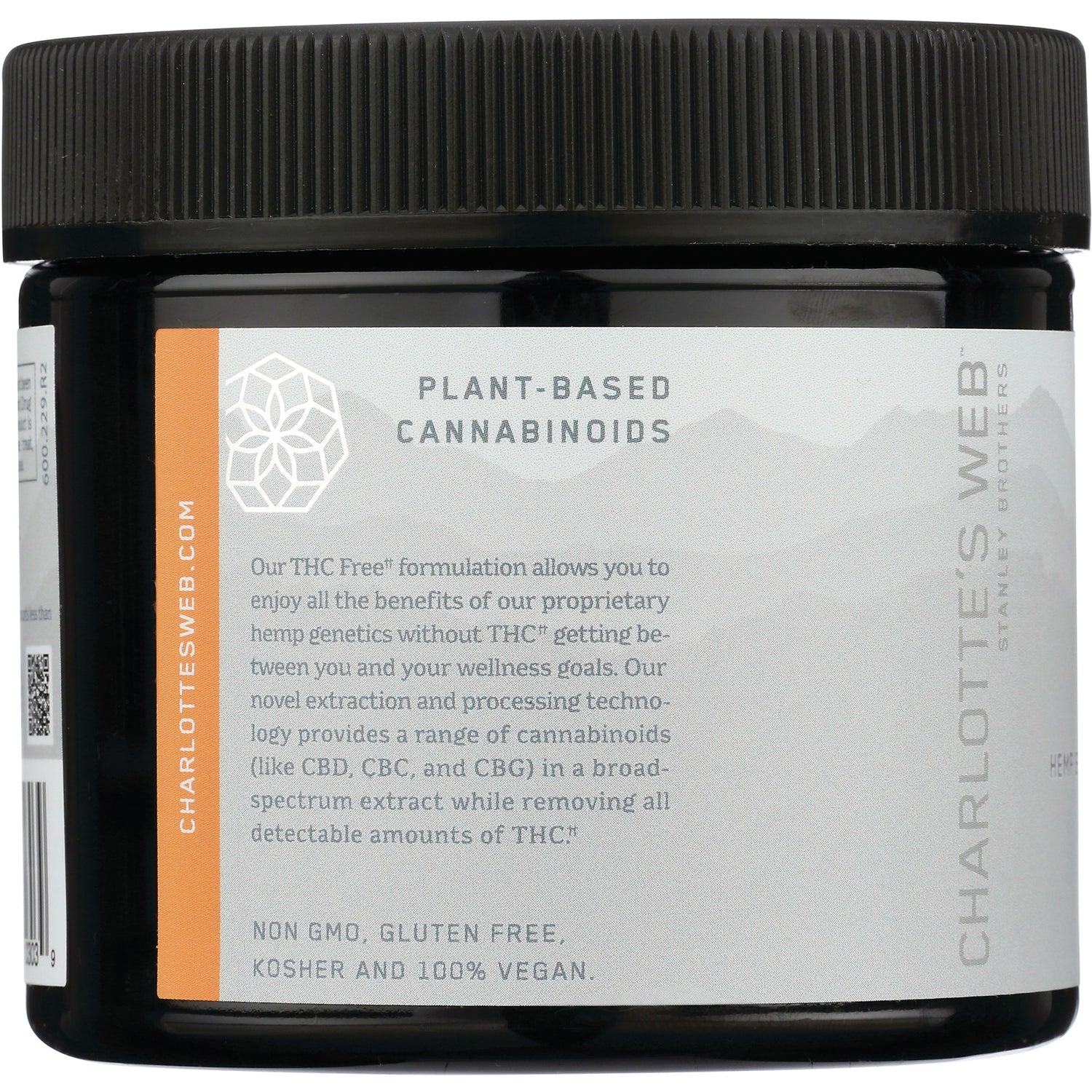 CHW041 | jar label reading PLANT-BASED CANNABINOIDS with product description on a Charlotte's Web infographic panel