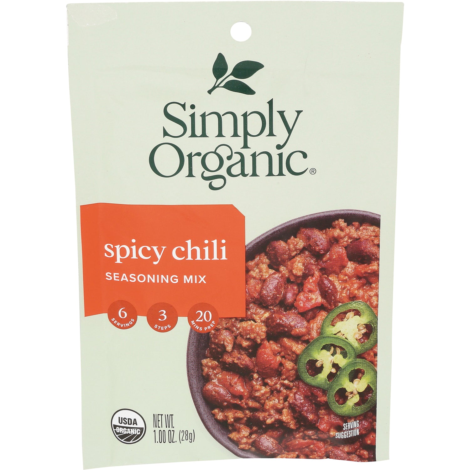 SMP045 | Simply Organic spicy chili seasoning mix pouch showing bowl of chili with jalapeo slices