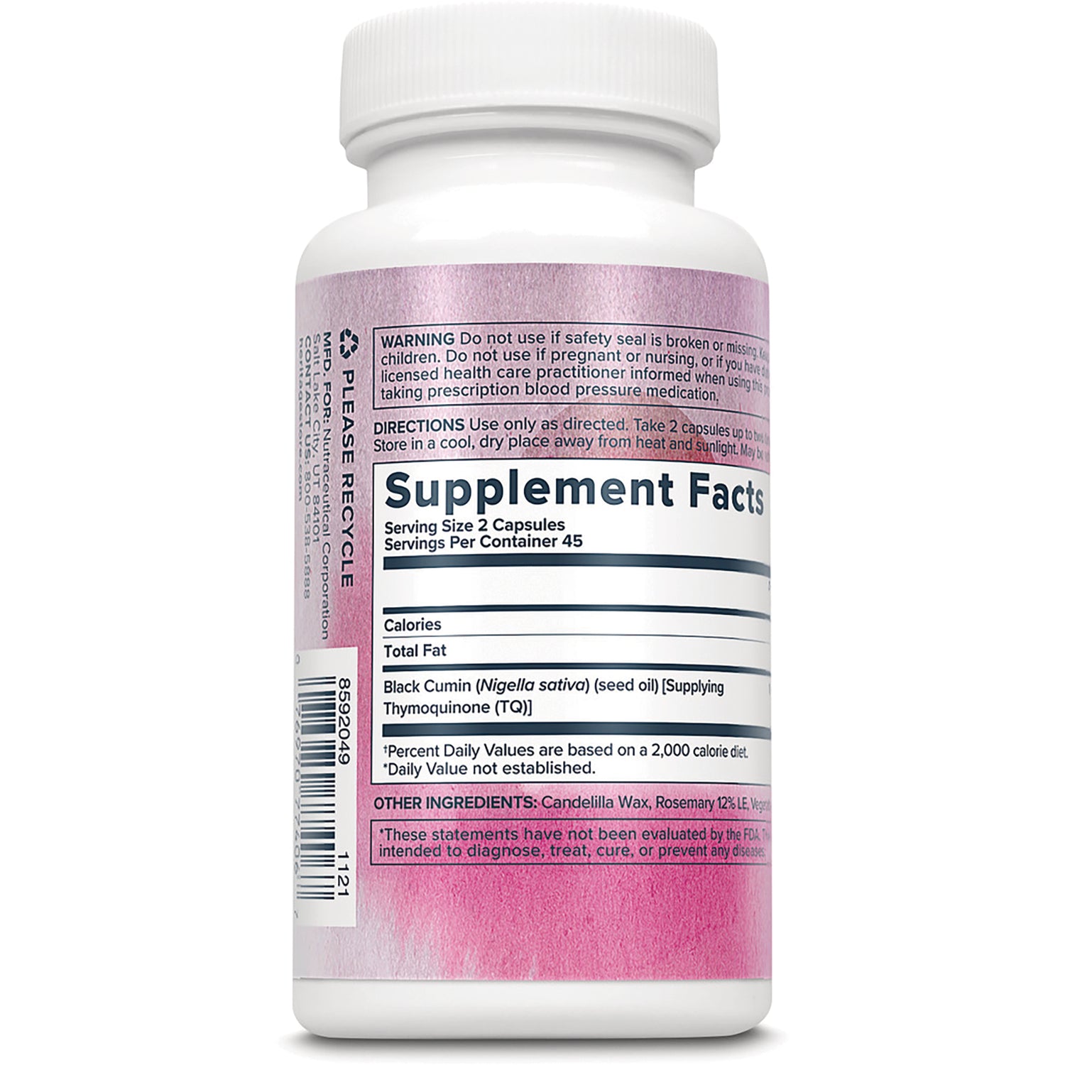 HTG106 | Back label showing Supplement Facts panel and ingredients on pink and white supplement bottle