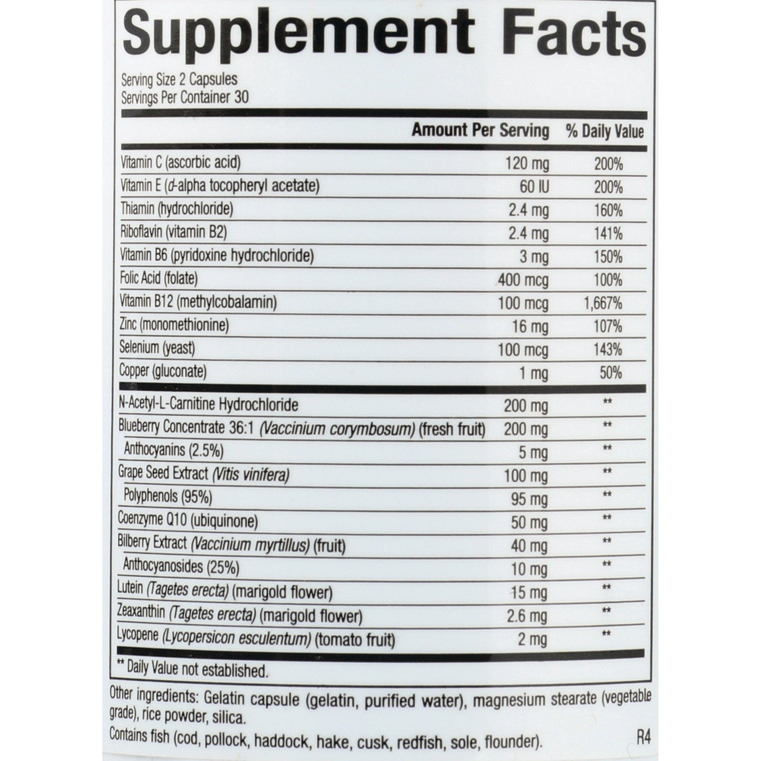 NFC150 | Supplement Facts panel listing vitamins, extracts, amounts per serving and other ingredients