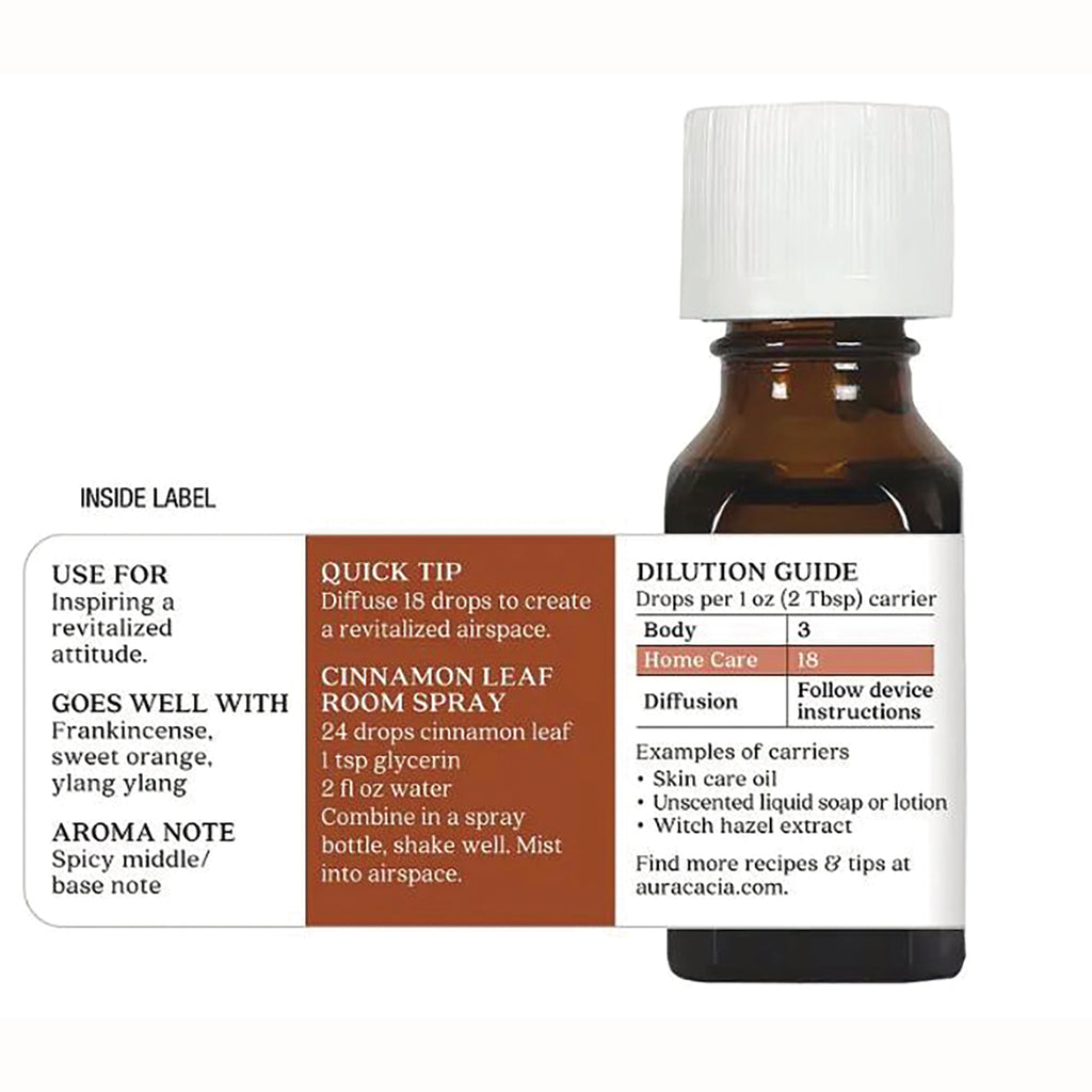 ARC029 | Brown bottle back label showing dilution guide, cinnamon leaf room spray recipe and 'Inside Label' header - Thumbnail