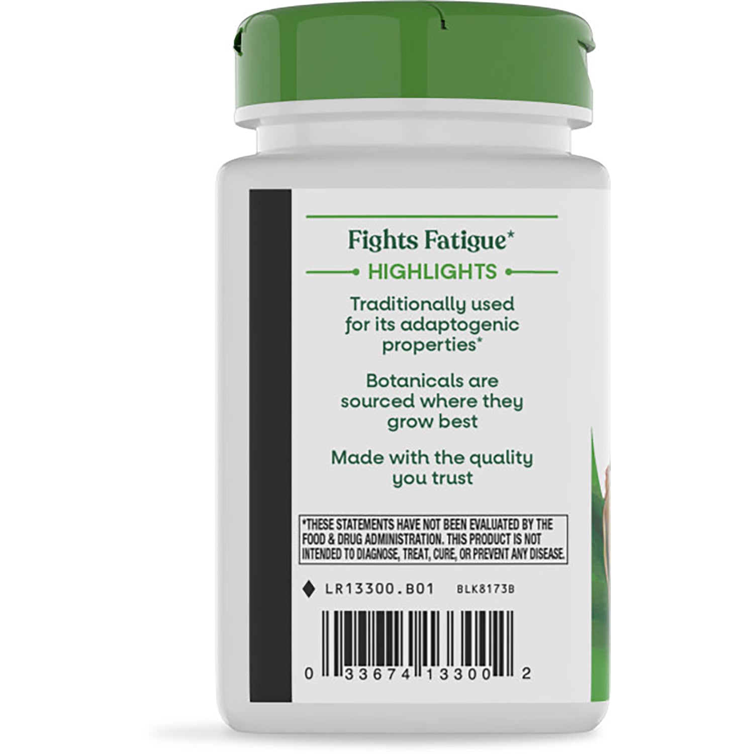 NW898 | Back of white supplement bottle with green cap showing 'Fights Fatigue' highlights, adaptogenic claims and barcode