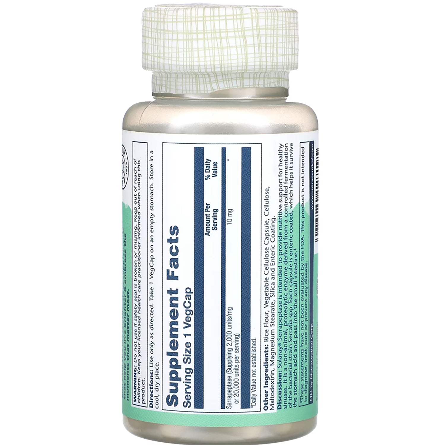 SLR215 | Solaray Serrapeptase supplement facts label