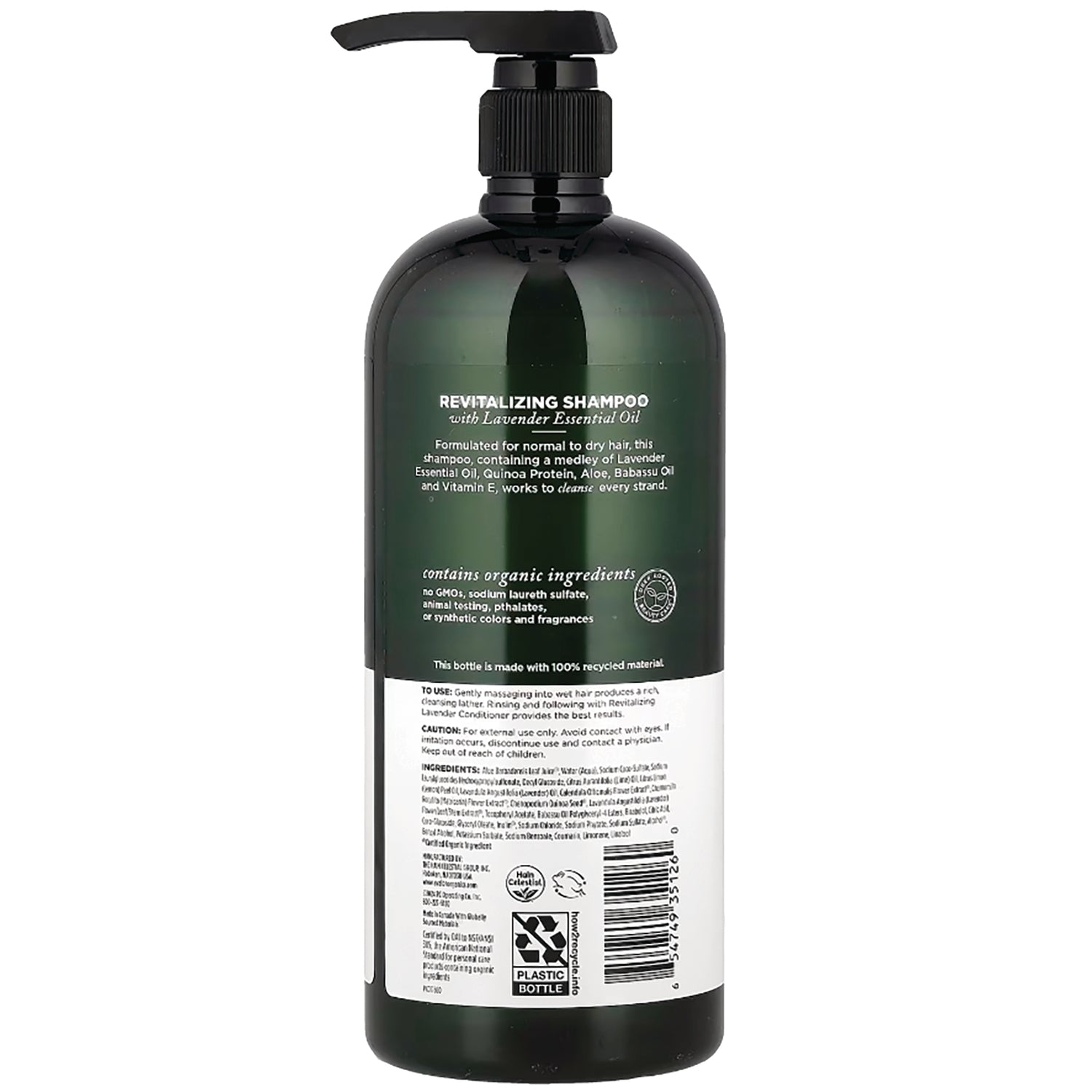 AVL061 | back label of green revitalizing shampoo bottle showing ingredients, usage instructions and barcode