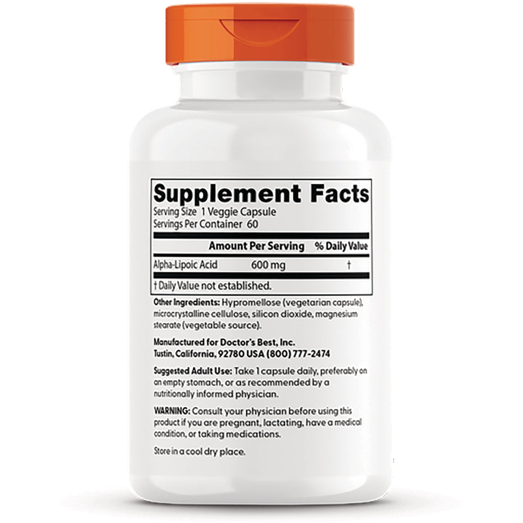 DB075 | back of white supplement bottle showing Supplement Facts panel listing Alpha-Lipoic Acid 600 mg and ingredients - Thumbnail