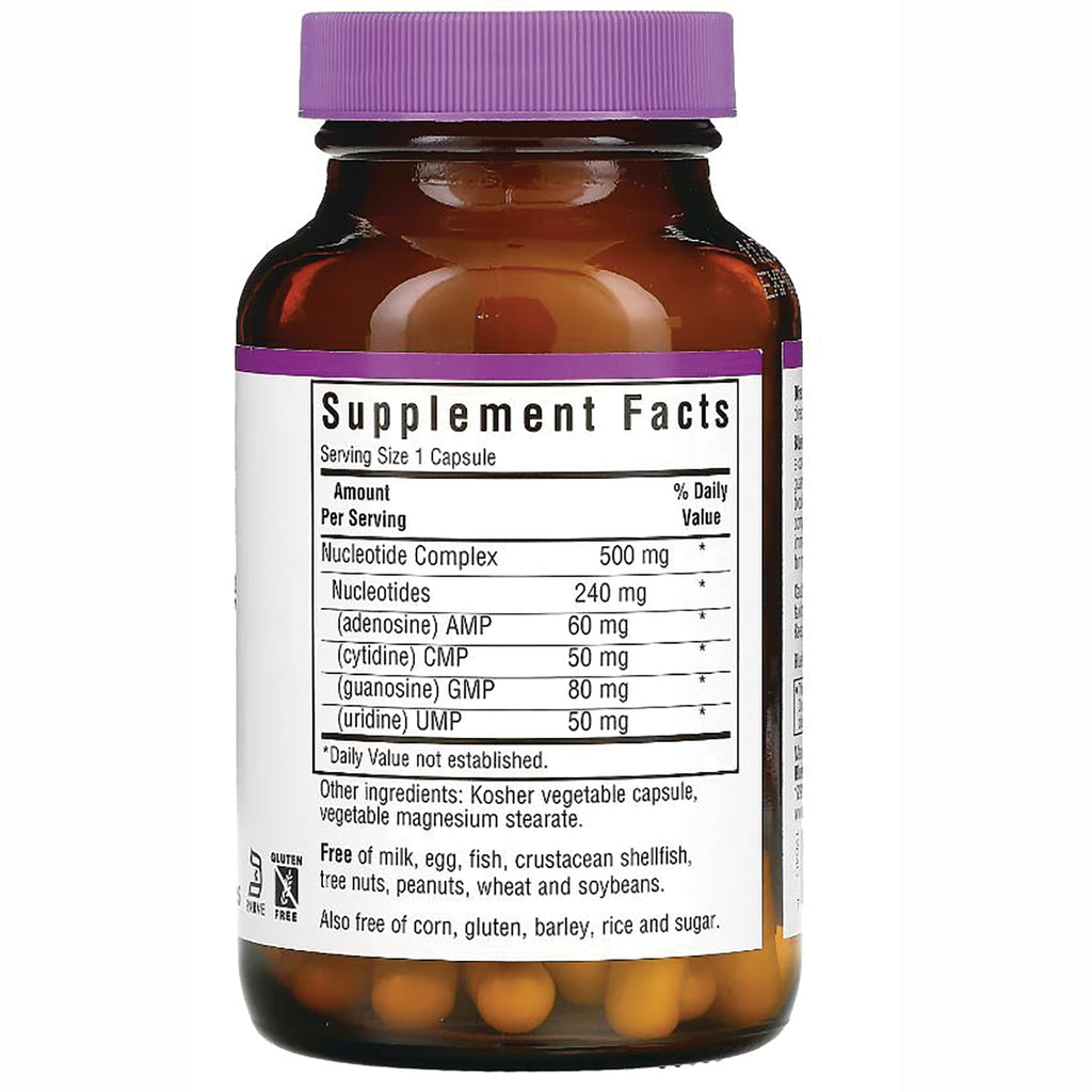 BLU106 | Supplement Facts panel showing nucleotide complex and amounts on back of amber bottle with purple cap and visible capsules - Thumbnail