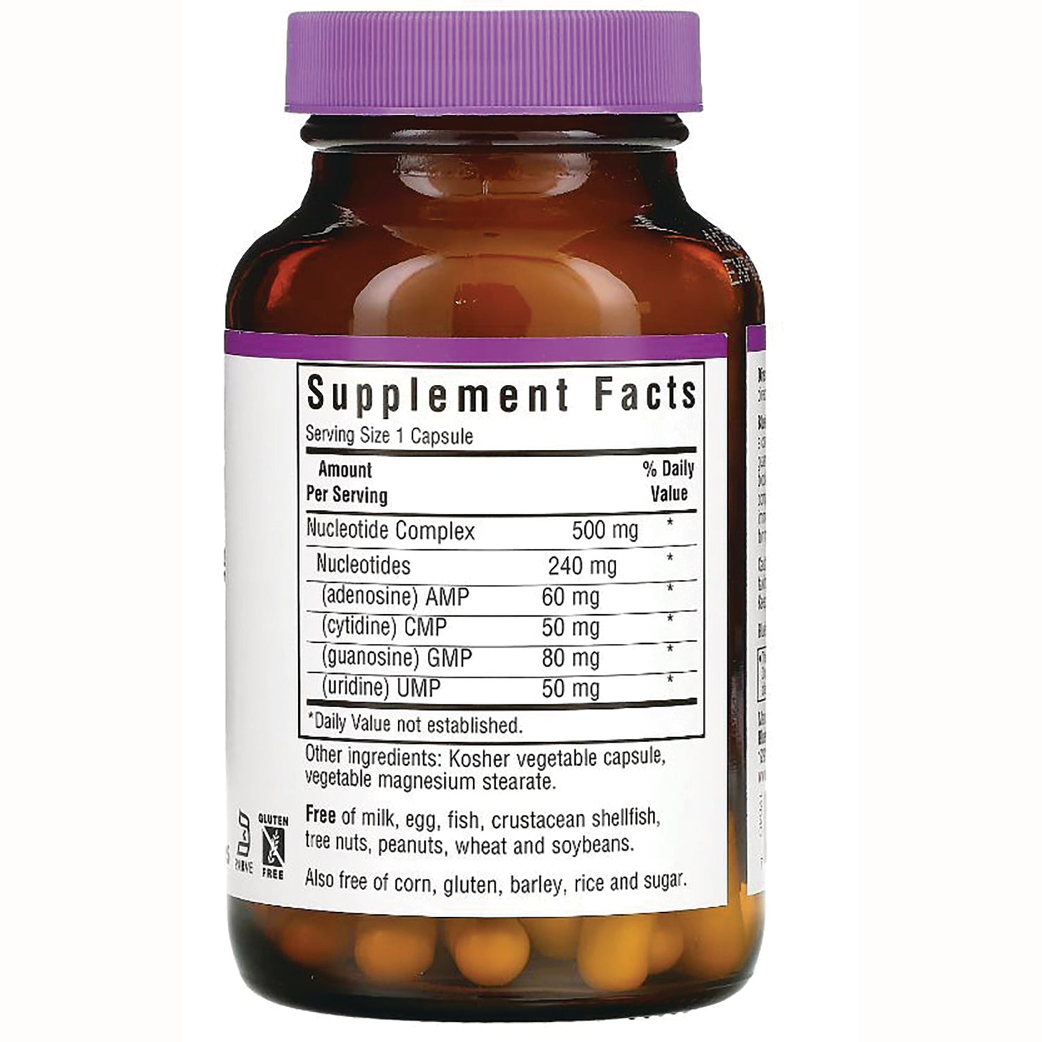 BLU106 | Supplement Facts panel showing nucleotide complex and amounts on back of amber bottle with purple cap and visible capsules
