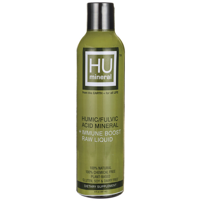 HMN002 | Green bottle labeled HU mineral humic/fulvic acid mineral + immune boost raw liquid, front view
