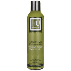 HMN002 | Green bottle labeled HU mineral humic/fulvic acid mineral + immune boost raw liquid, front view