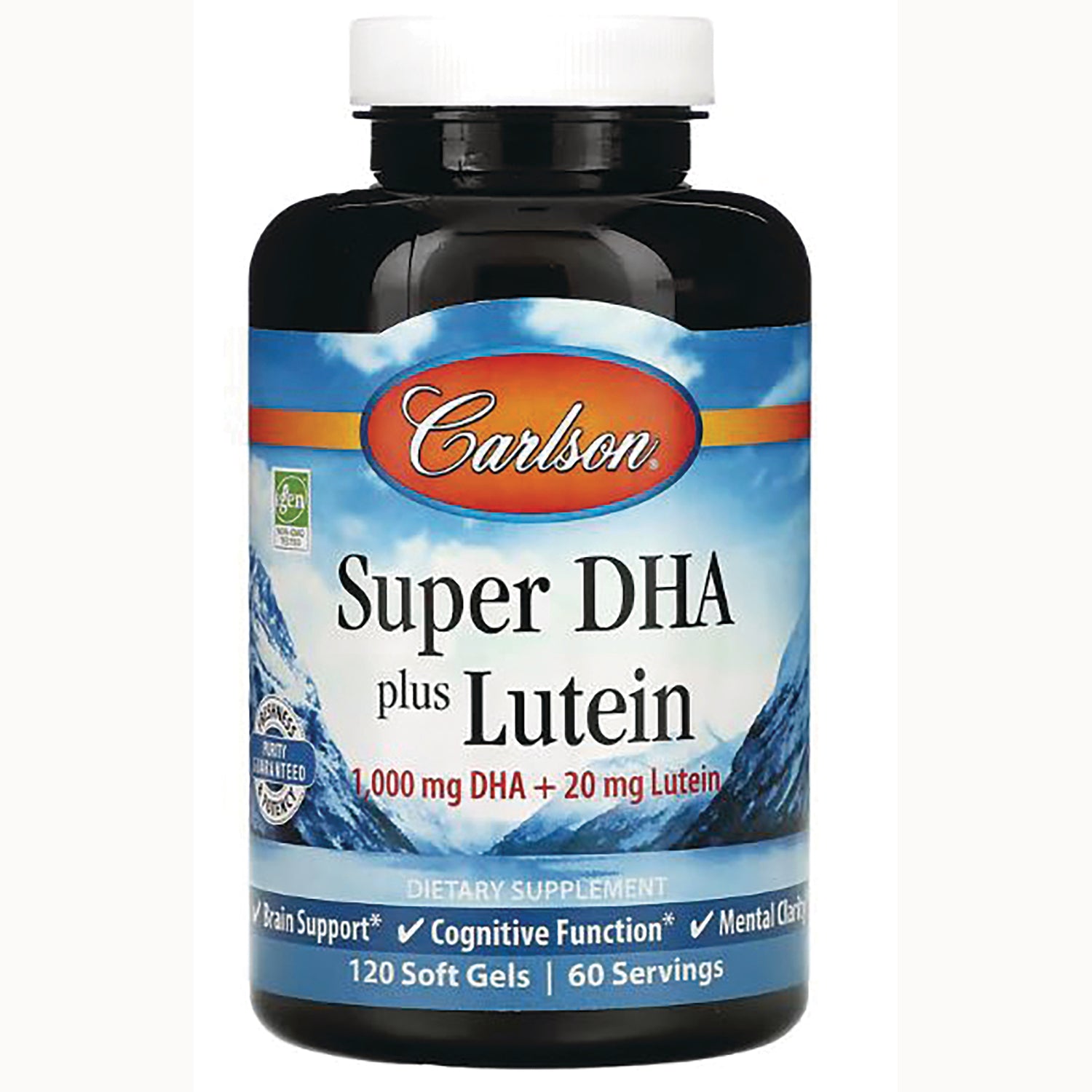 CSN275 | Carlson Super DHA plus Lutein dietary supplement bottle front label showing 1,000 mg DHA + 20 mg Lutein, 120 soft gels