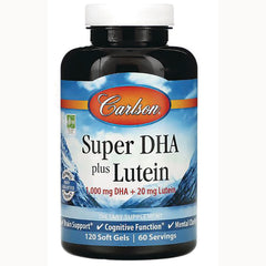 CSN275 | Carlson Super DHA plus Lutein dietary supplement bottle front label showing 1,000 mg DHA + 20 mg Lutein, 120 soft gels