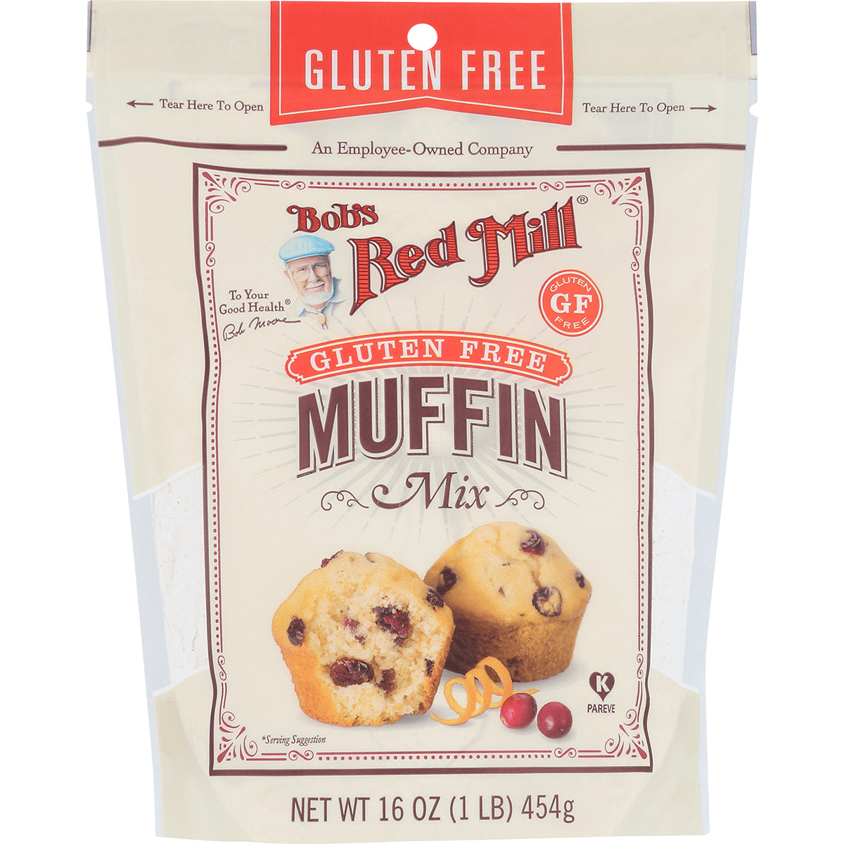BOB434 | Bob's Red Mill gluten free muffin mix pouch showing muffins with cranberries, net wt 16 oz