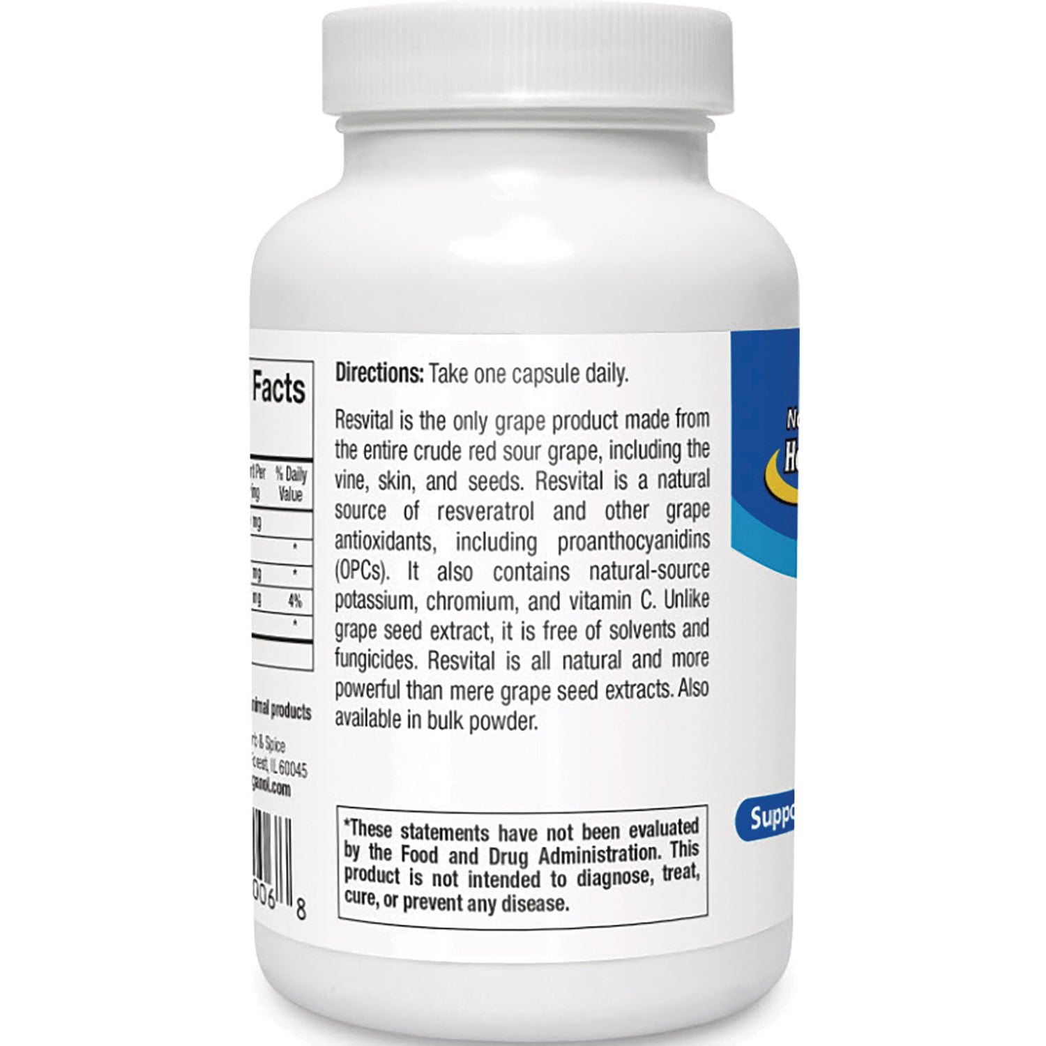 NHS024 | Back label of white supplement bottle showing directions, product description, nutrition facts panel and FDA disclaimer