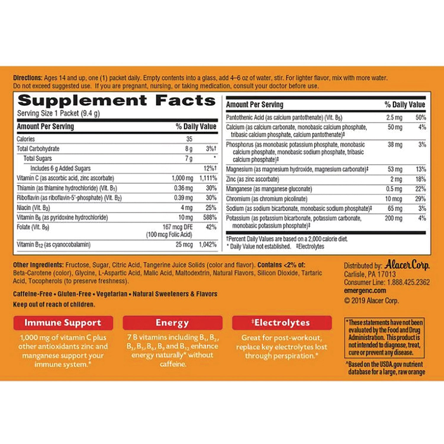 AC112 | Supplement Facts panel with directions, other ingredients, and immune support, energy, and electrolytes callouts