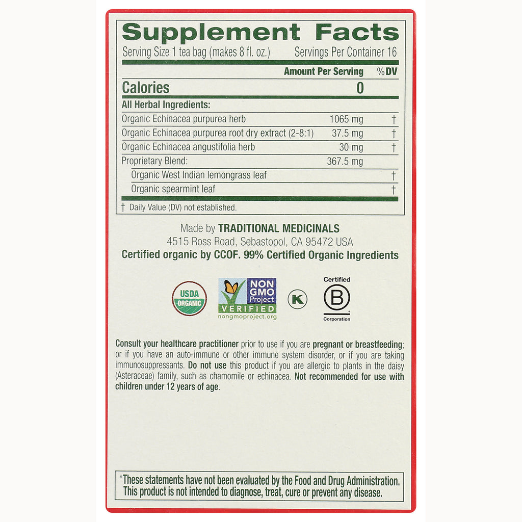 TMD005 | Supplement Facts panel listing organic echinacea blend; USDA Organic, Non-GMO, Kosher, B Corp icons - Thumbnail