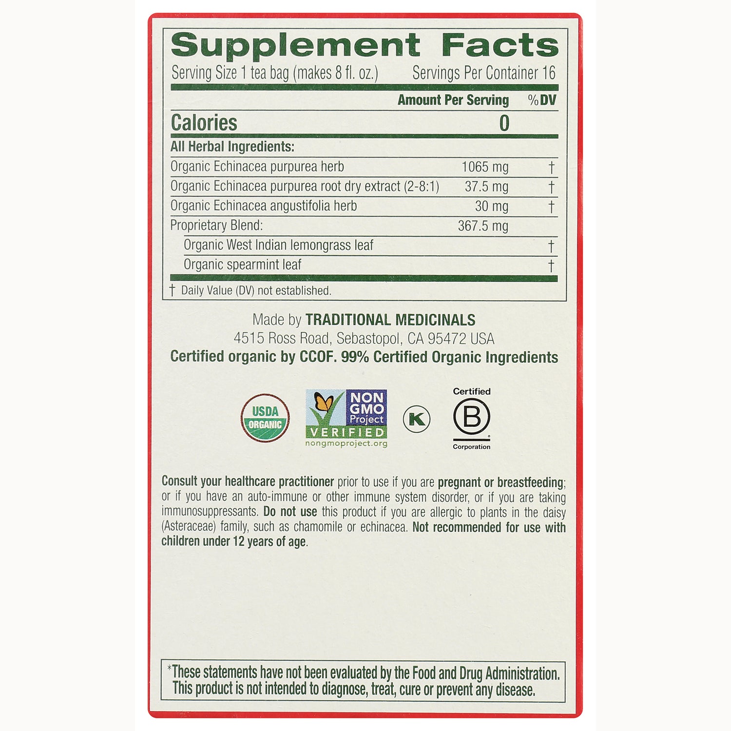 TMD005 | Supplement Facts panel listing organic echinacea blend; USDA Organic, Non-GMO, Kosher, B Corp icons