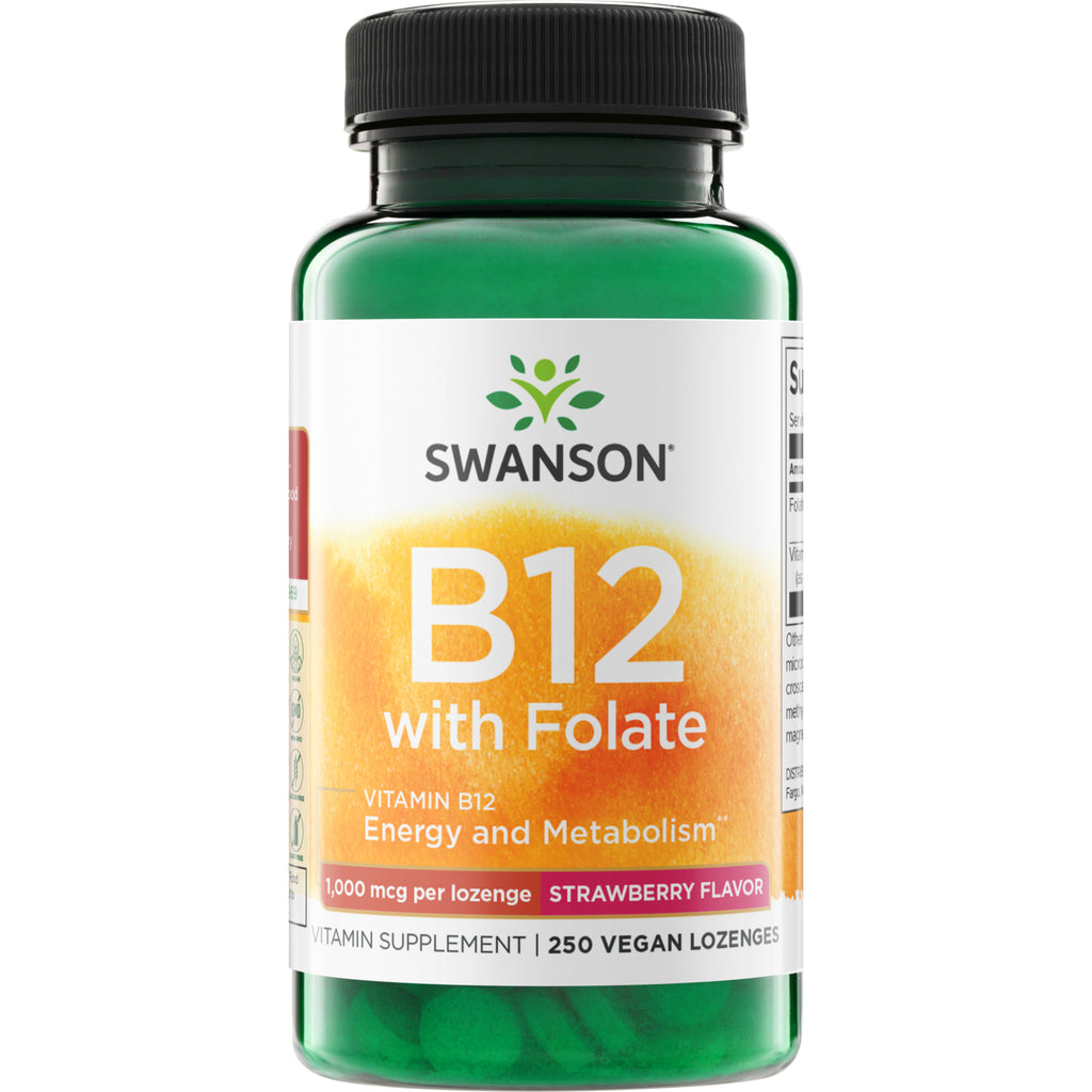SW747 | Swanson B12 with Folate, strawberry lozenges, 1,000 mcg per lozenge, 250 count - Thumbnail