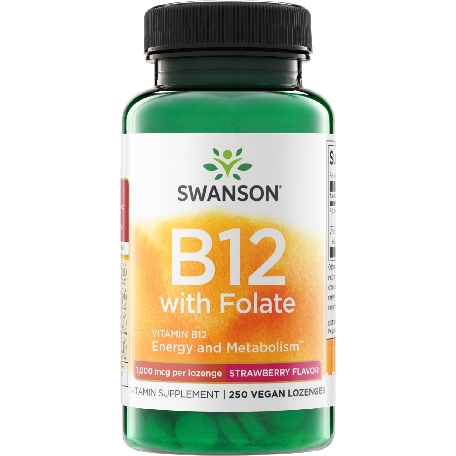 SW747 | Swanson B12 with Folate, strawberry lozenges, 1,000 mcg per lozenge, 250 count