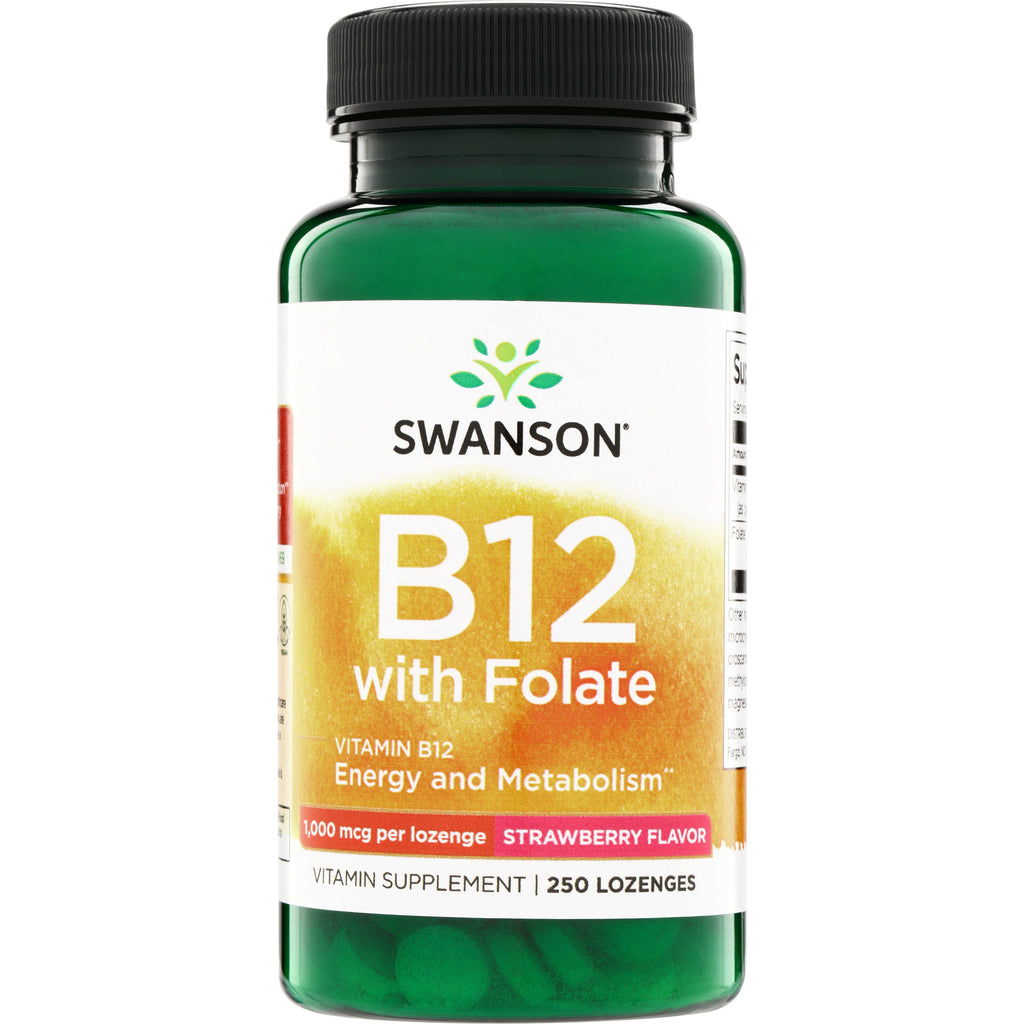 SW747 | Swanson B12 with Folate, strawberry lozenges, 1,000 mcg per lozenge, 250 count - Thumbnail