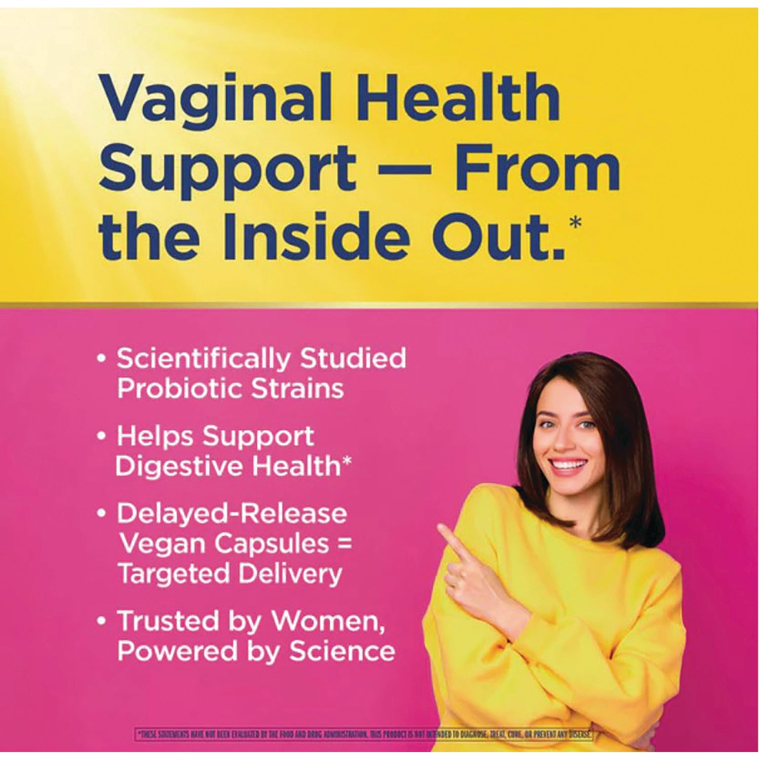RNL240 | Product infographic stating Vaginal Health Support with bullets about probiotic strains, digestive support, delayed-release vegan capsules, smiling woman pointing