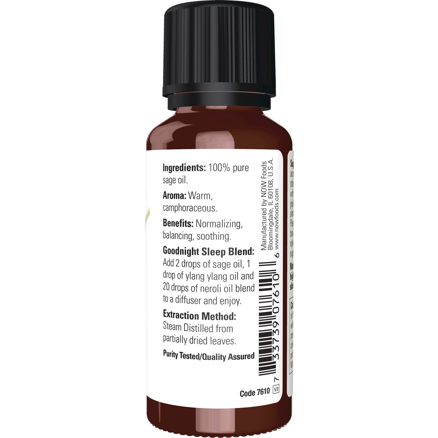 NWF632 | Back label of brown essential oil bottle listing ingredients, aroma, benefits, Goodnight Sleep Blend instructions and barcode