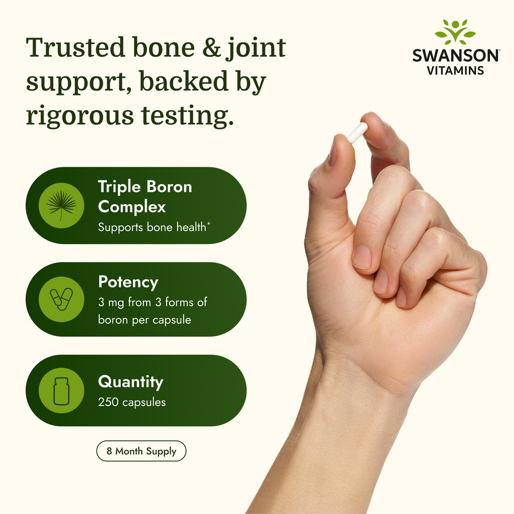 SW599 | Swanson Vitamins infographic highlighting Triple Boron Complex, potency, quantity, and 8 month supply - Thumbnail