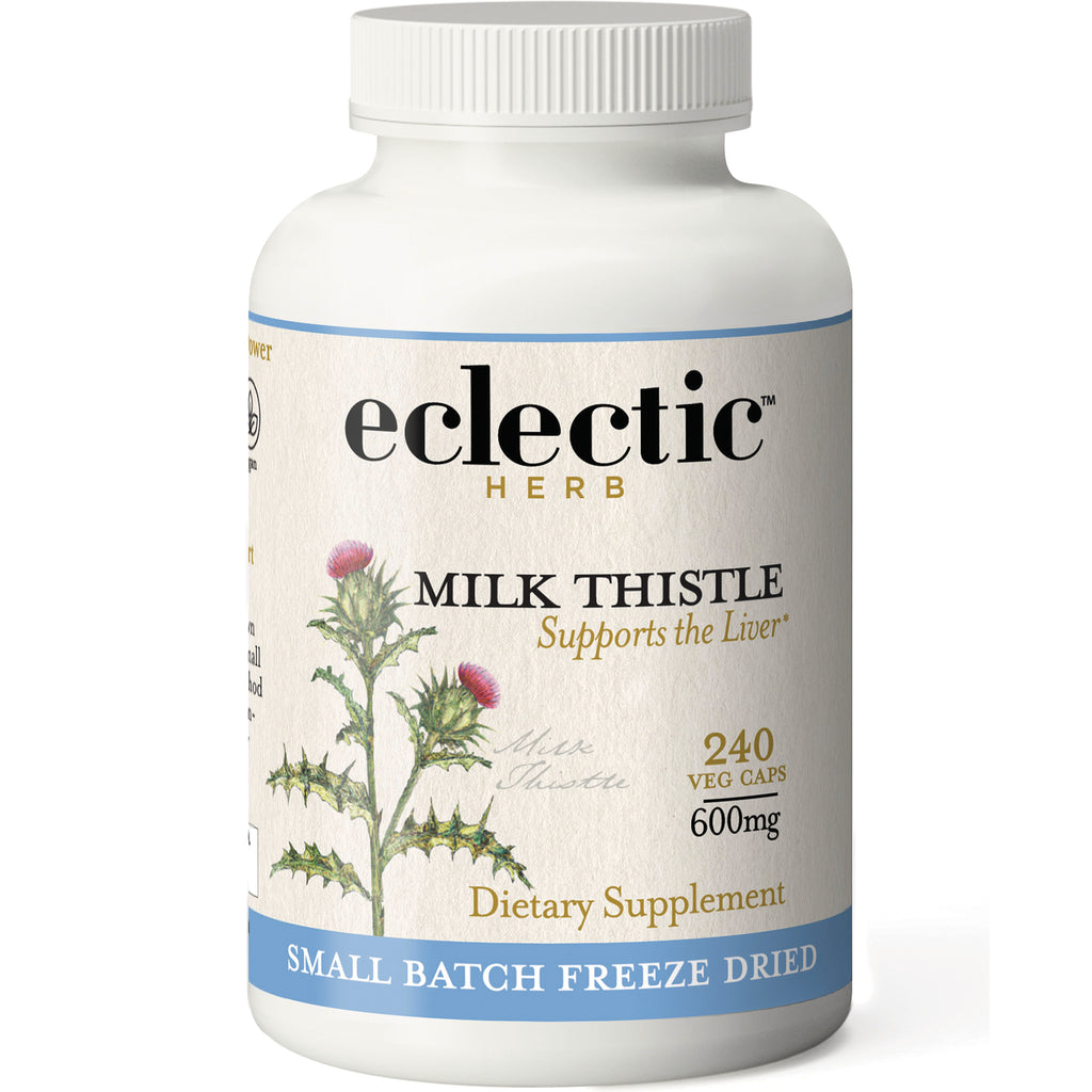 EC032 | Eclectic Herb Milk Thistle dietary supplement bottle front label showing 240 veg caps 600mg and small batch freeze dried - Thumbnail