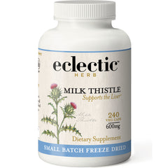 EC032 | Eclectic Herb Milk Thistle dietary supplement bottle front label showing 240 veg caps 600mg and small batch freeze dried