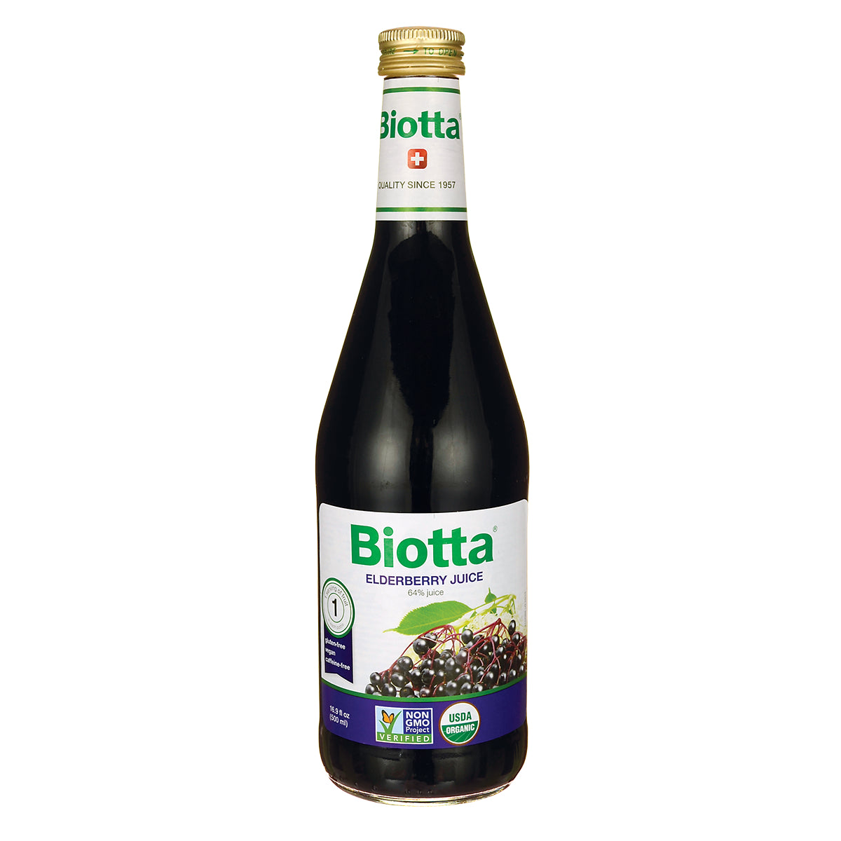 BTT006 | Biotta elderberry juice bottle with label reading Biotta ELDERBERRY JUICE and USDA Organic badge