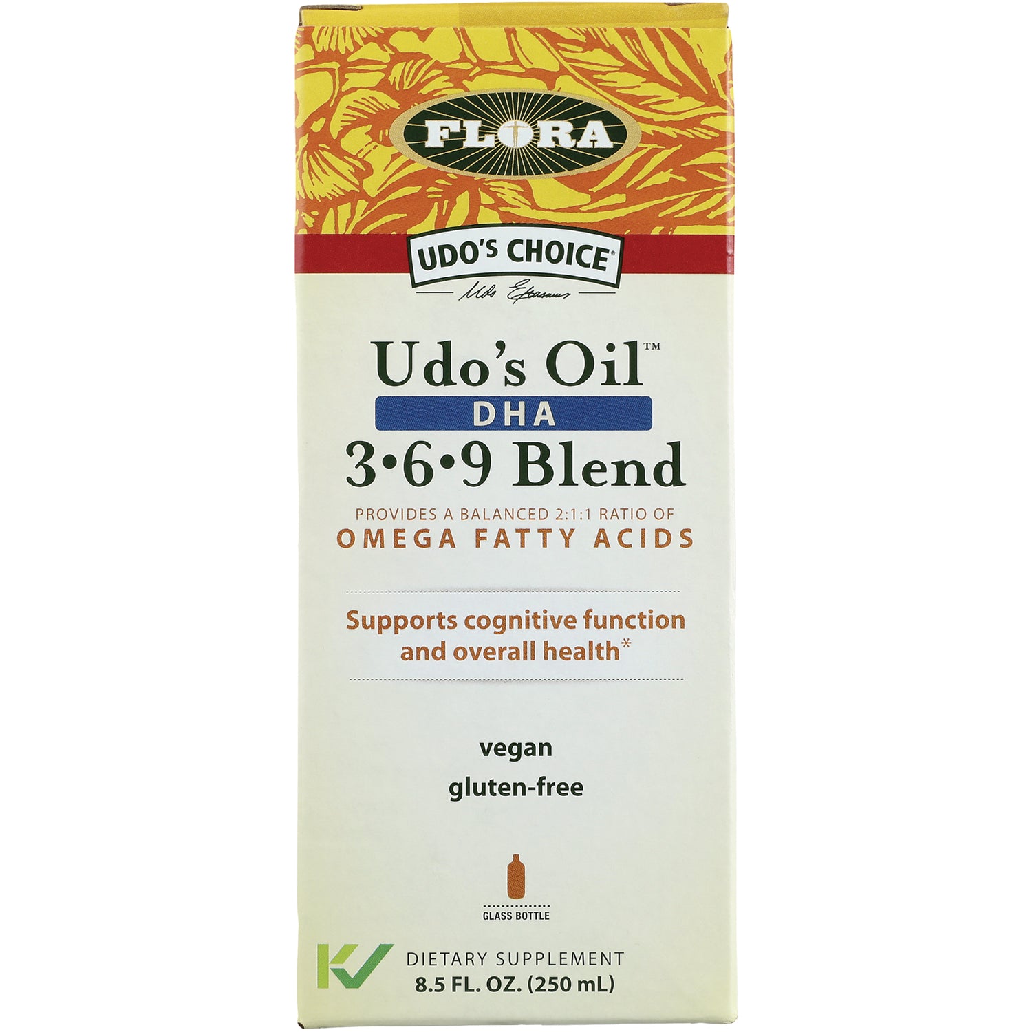 FL040 | Flora Udo's Oil DHA 369 Blend front packaging showing vegan gluten-free and 8.5 fl oz